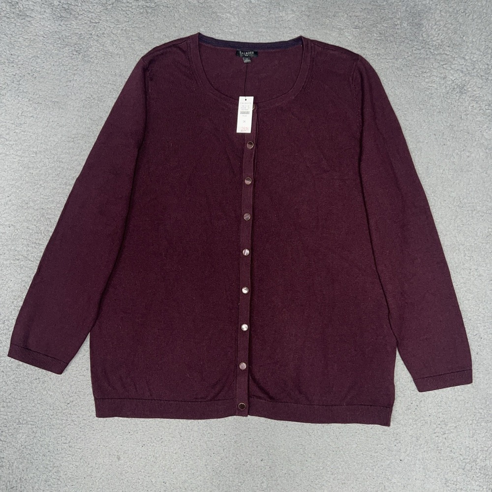 NWT Talbots Sweater Women Sz 1X Plus Burgundy Knit Button Front Ribbed Cardigan